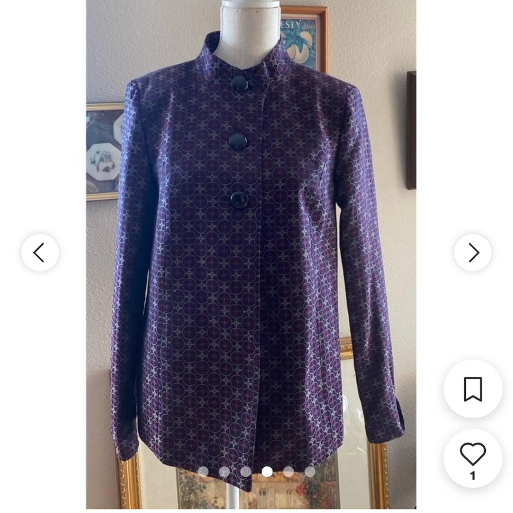 NWT- Liz Baker NAVY BLUE WINE RED PATTERNED 60s STYLE BLAZER JACKET
